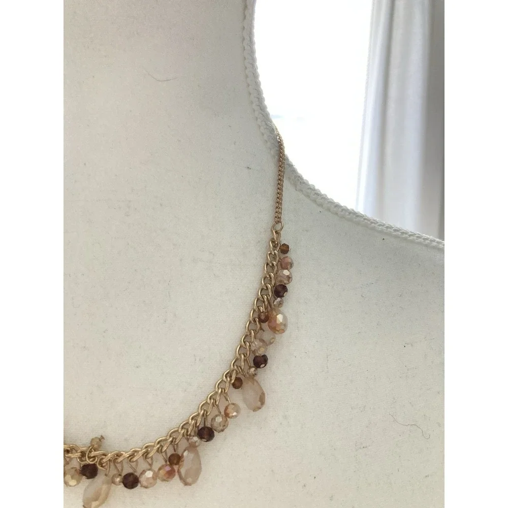 Gold Tone Chain Necklace Faceted Glass Bead Dangle Bib Necklace Peach Romantic